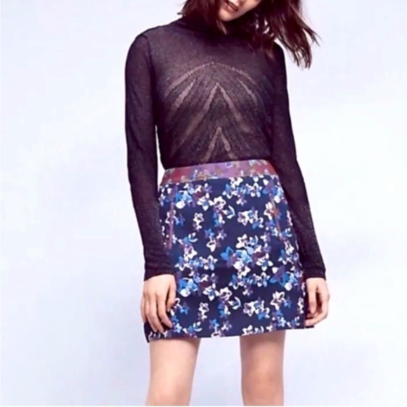 Anthropologie Maeve Cardana Purple Brocade Blue Floral Mini Skirt Size 0 - Picture 1 of 6